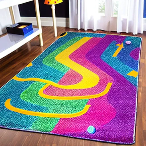 Prompt: a futuristic kids road map carpet rug, designed by lisa frank