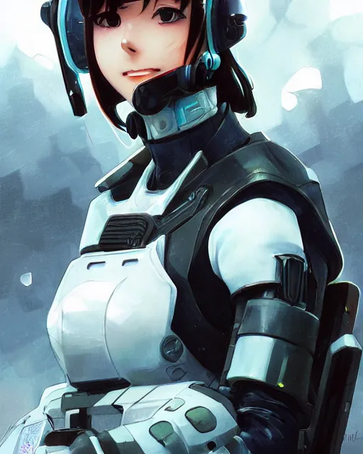 Image similar to nami, anime key visual of a young female swat officer, neon, cyberpunk, futuristic, white clothing, black vest, swat helmet, stunning, highly detailed, digital painting, smooth, soft focus, illustration, 4 k digital art from artstation by artgerm and greg rutkowski and alphonse mucha