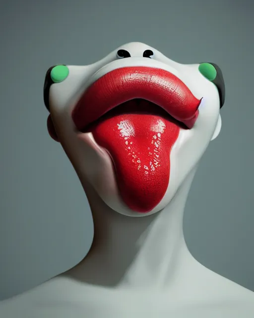 Image similar to hyperrealistic anthropomorphic cartoon 3 d unreal engine red and white polka dot venus fly trap luscious lips, big wet tongue photography portrait