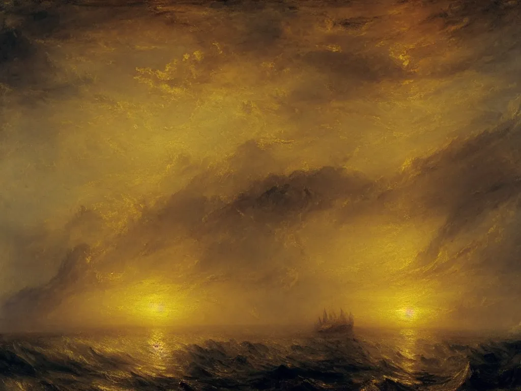 Prompt: a beautiful painting of a sunset over the ocean, with a ship in the distance, by j. m. w. turner