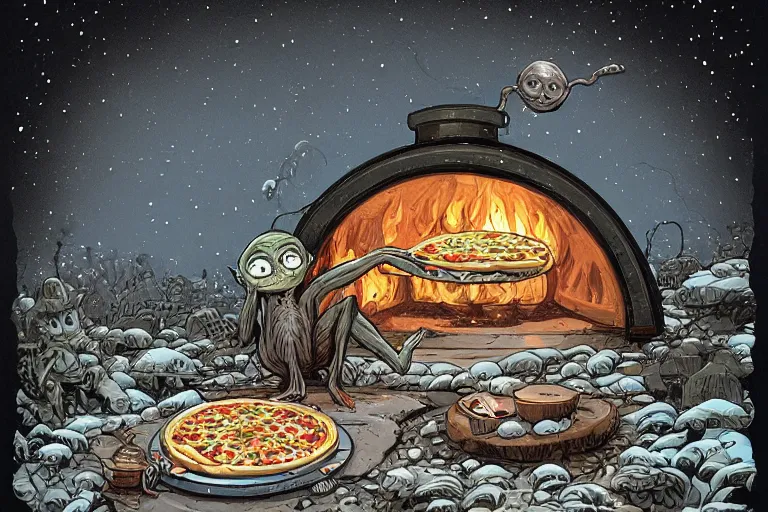 Prompt: a highly detailed gollum making pizza! in the winter, snow filled landscape, pizza oven burning in the background, black sky, post - apocalyptic vibe, full body, wide angle, an ultrafine detailed painting by joe fenton, trending on deviantart, pop surrealism, whimsical, lowbrow, perfect symmetrical face, sharp focus, octane, masterpiece