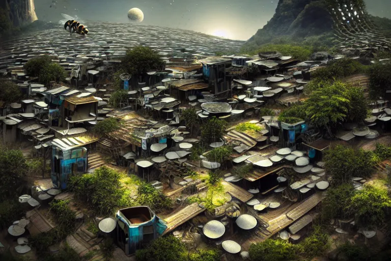 Prompt: simplicity, favela honeybee hive, biomechanical environment, glass houses, spaceships, award winning art, epic dreamlike fantasy landscape, ultra realistic,