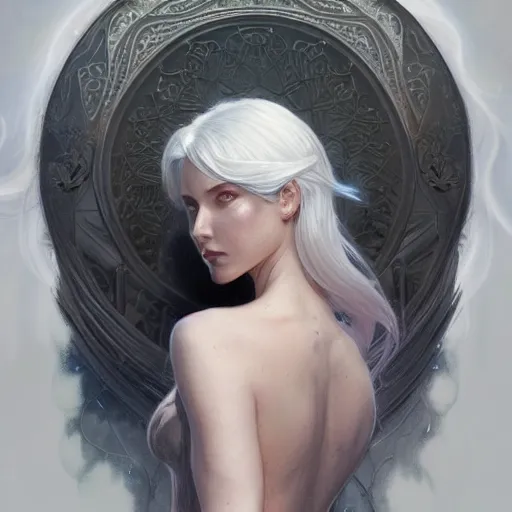 Prompt: god, ghostly, white hair, long hair, gorgeous, amazing, elegant, intricate, highly detailed, digital painting, artstation, concept art, sharp focus, illustration, art by artgerm and greg rutkowski and alphonse mucha