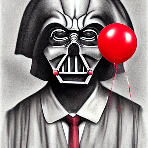 Image similar to surrealism grunge cartoon portrait sketch of darth vader with a wide smile and a red balloon by - michael karcz, loony toons style, pennywise style, horror theme, detailed, elegant, intricate