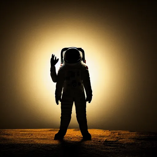 Image similar to astronaut silhouette with arms extended forward, bottom of arms lit by light coming from offcamera, light coming from below, dark background, lit from below, full body photo,, 8 k