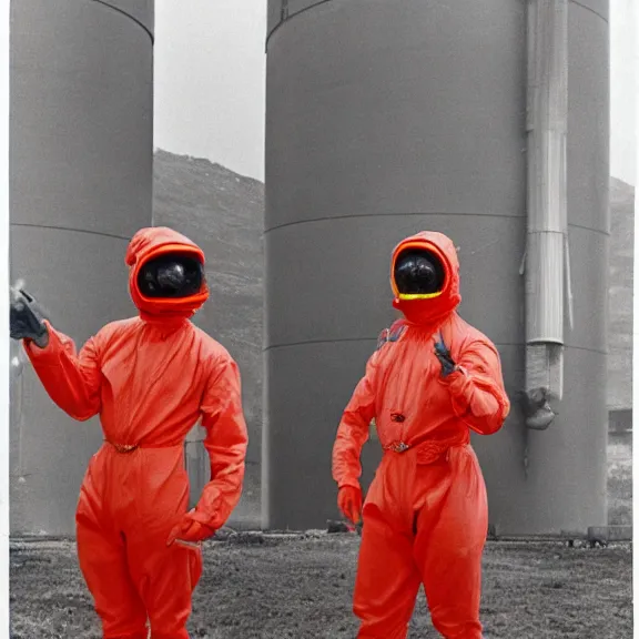 Prompt: two scientists wearing red future punk hazmat suits standing in side neon missile silo by frank frazetta