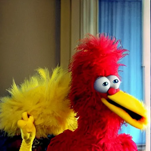 Prompt: big bird from sesame street under your bed, disturbing, creepy, dark, scary.