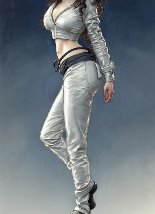 Image similar to girl in very short white! top and very short gray! leather jacket, open belly, long dark curly hair, high waist sweatpants, intricate, elegant, highly detailed, digital painting, artstation, concept art, smooth, illustration, art by artgerm and greg rutkowski and alphonse mucha