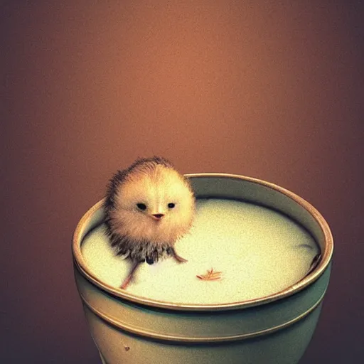 Image similar to long shot of a cute fluffy furry chick nesting in a antique coffee cup, by esao andrews, by m. w. kaluta, humorous illustration, hyperrealistic, tilt shift, warm colors, night scenery, low light, 3 d octane render, 4 k, volumetric lights, smooth, cosy atmosphere, conceptart, hyperdetailed, trending on deviantart