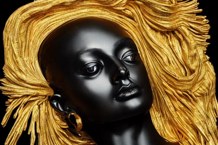 Image similar to hyperdetailed masterpiece portrait of a glossy black marble statue of a woman covered in gold metallic liquid in the style of virgil abloh, offwhite, heron prestorn, denoise, vogue, paris, fashion, louvre museum, highly detailed, realistic, hyperreal, 8 k, 4 k, render