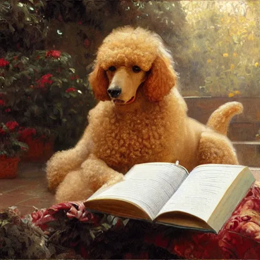 Image similar to a poodle reading a big book, highly detailed painting by gaston bussiere, craig mullins, j. c. leyendecker 8 k