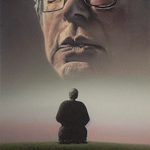 Image similar to a coherent award - winning beautiful!!! portrait of a calm bernie sanders!, sitting on a beautiful hill, painted by zdzislaw beksinski