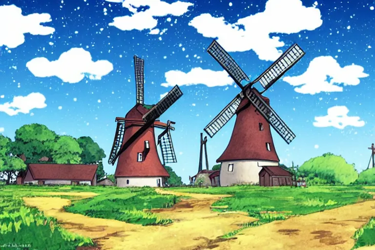 Image similar to beautiful countryside background with a windmill by studio ghibli, cute, winter