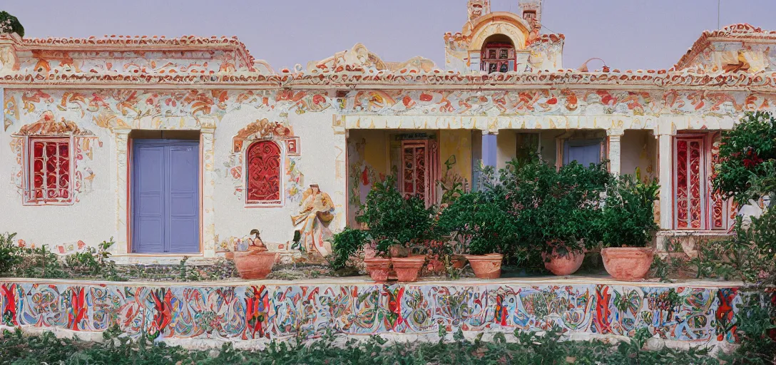 Image similar to large house in greece with multicolored portuguese tiles. photographed by wes anderson. fujinon premista 1 9 - 4 5 mm t 2. 9. portra 8 0 0.