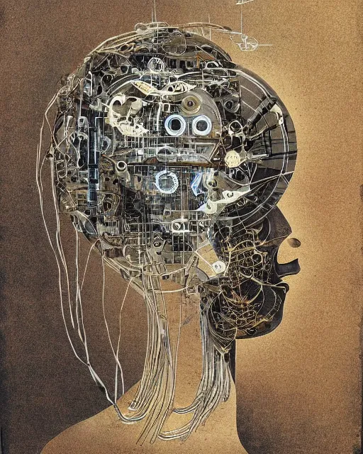 Prompt: intricate machinery in a human head. antique cyborg almacan pierre matter organic mechanical hybrid louis poyet This space painting has the potential to bring forth a new dimension of knowledge and spiritual awakening Artificial intelligence is a social construct and a product of industrialization.