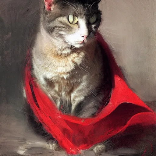 Prompt: portrait of an evil cat wearing a red cape, by jeremy mann, anders zorn.