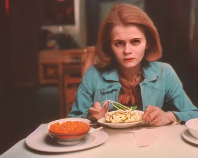 Image similar to 1 9 7 9 a soviet movie still a russian woman sitting at a table with a plate of food in dark warm light, a character portrait by nadya rusheva, featured on cg society, neo - fauvism, movie still, 8 k, fauvism, cinestill, bokeh, gelios lens