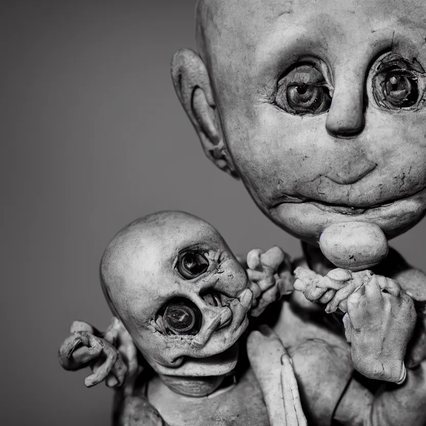 Image similar to creepy ventriloqiest dummy in the style of Roger Ballen, 4k, bw, portrait