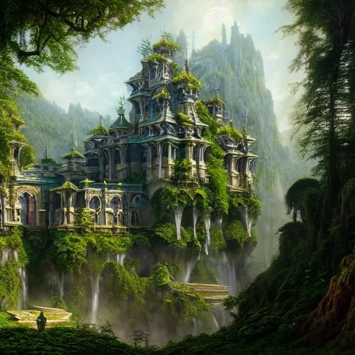 Image similar to a beautiful and highly detailed matte painting of an epic palace in a magical fantasy garden in a lush forest in the mountains, intricate details, epic scale, insanely complex, hyperdetailed, artstation, cgsociety, 8 k, sharp focus, hyperrealism, by caspar friedrich, albert bierstadt, james gurney, brian froud,