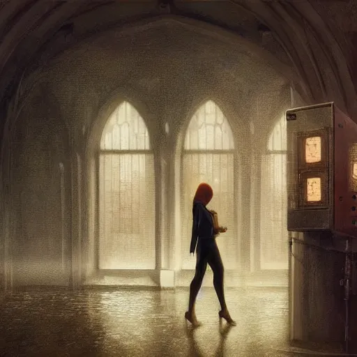 Image similar to detailed portrait of a woman, moment, cyberpunk cloisters, mosque, electronic billboards, tech noir, wet reflections, atmospheric, ambient, livia prima, greg rutkowski, edward hopper, pj crook