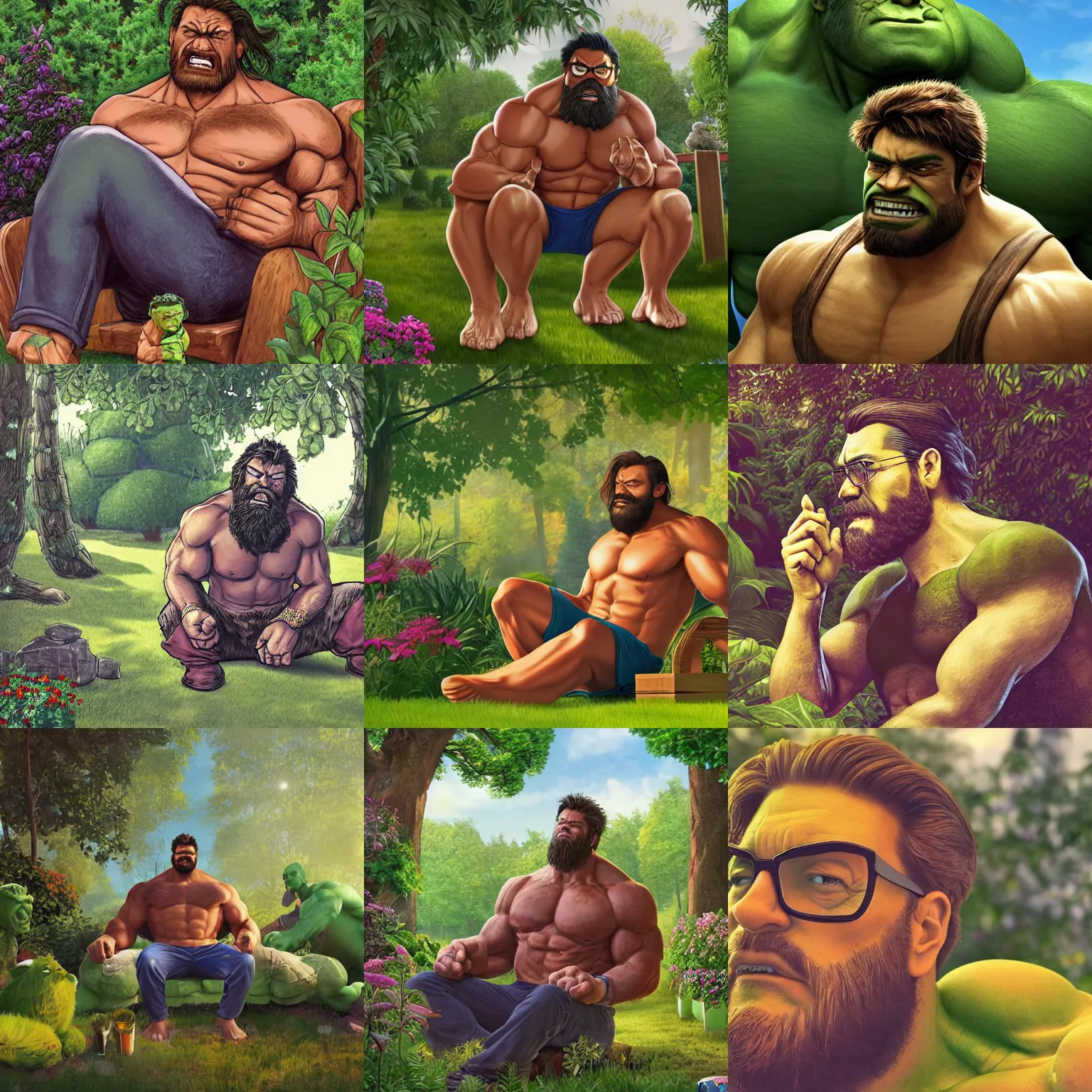 Prompt: the hulk with a manbun, a thick beard and glasses, at peace and relaxing in his garden. very detail, photorealism, warm colours, high resolution.