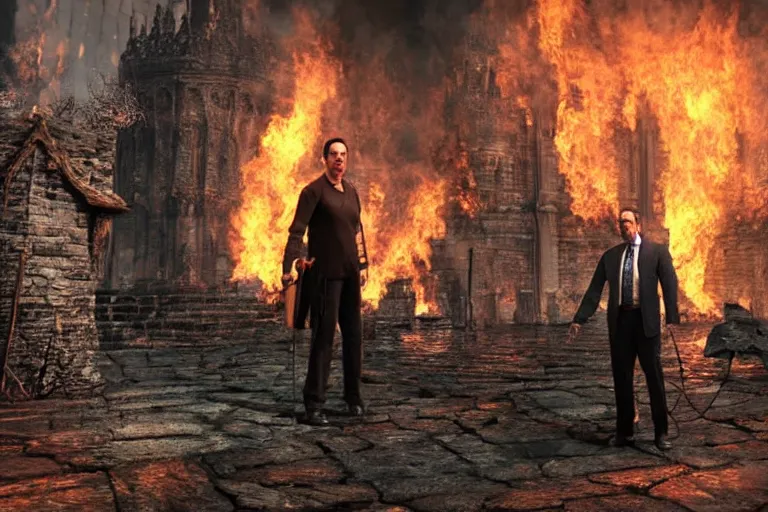 Image similar to jerry seinfeld standing in firelink shrine from dark souls