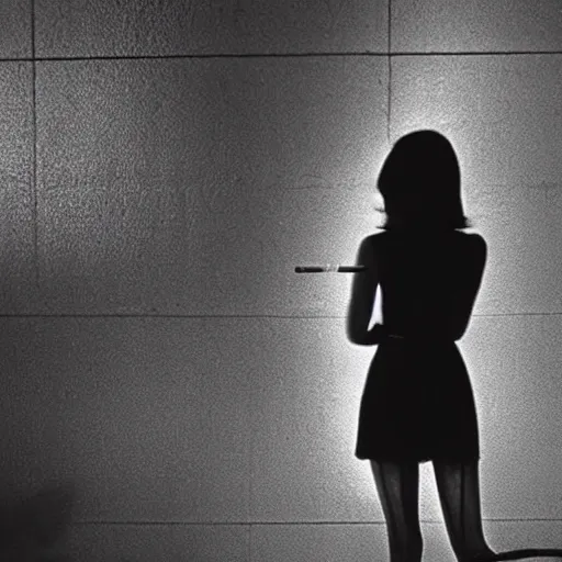 Image similar to foggy neon night, long legged sayaka isoyama leaning back against a wall in a black minidress smoking a cigarette outside a neon lit entrance, 1 9 7 0 s, intricate, moody, tasteful, intimate, highly detailed, short focus depth, artgerm, daido moriyama