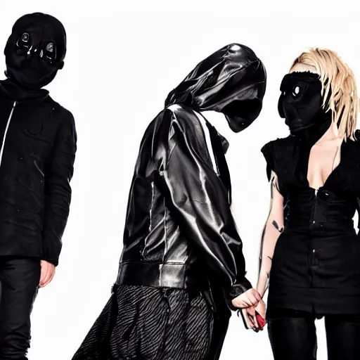 Image similar to a photo of a man and a woman performing darkwave music, clothes by rick owens and faces covered by masks, short blond hair