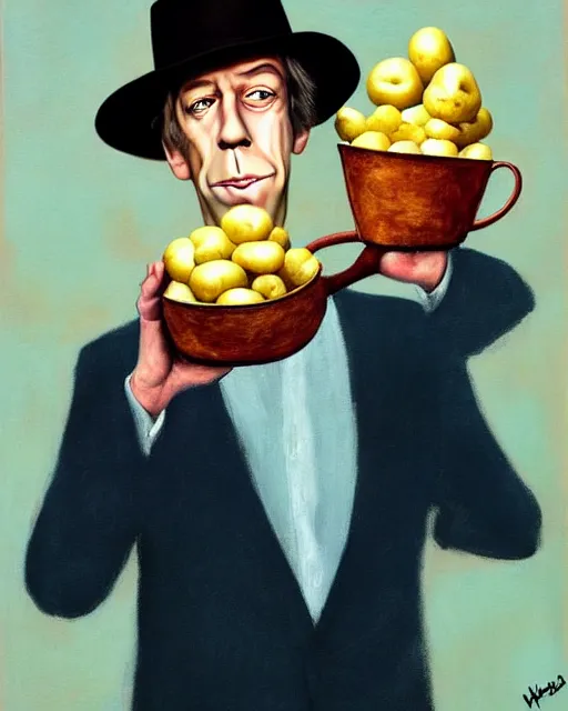 Image similar to hugh laurie with potatoes instead of eyes, wearing a tea pot as a hat, surrealist painting, highly detailed