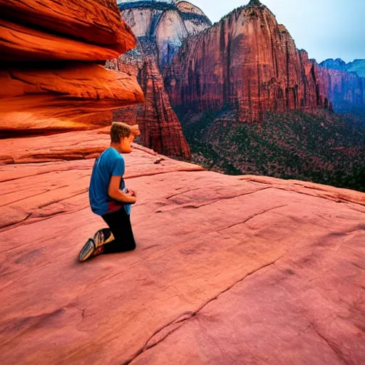 Image similar to award winning cinematic still of teenager boy praying in zion national park, rock formations, colorful sunset, epic, cinematic lighting, dramatic angle, heartwarming drama directed by Steven Spielberg