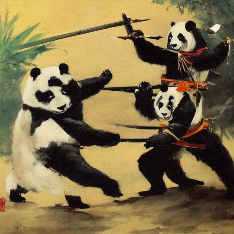 Prompt: a samurai sword - fighting with a cute panda, oil on canvas by frank frazetta