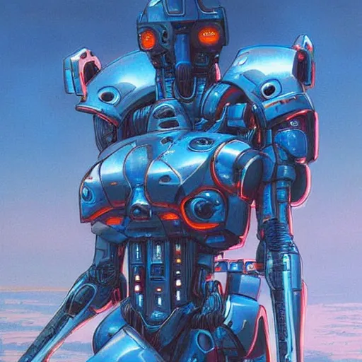 Prompt: arasaka mech, cyberpunk, art by michael whelan, red and blue neon