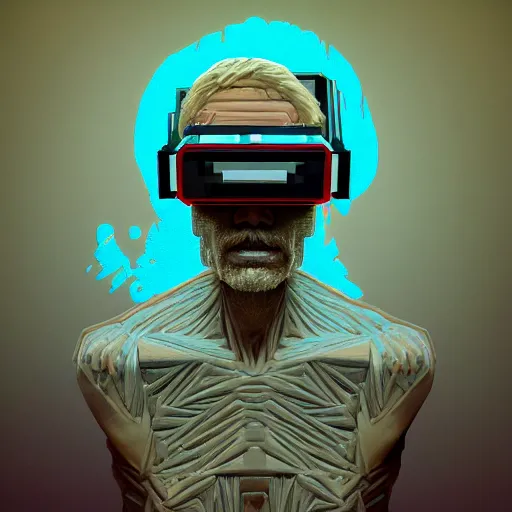 Prompt: Colour Caravaggio and Minecraft style Photography of Highly detailed Man with 1000 years old perfect face with reflecting glowing skin wearing highly detailed sci-fi VR headset designed by Josan Gonzalez. Many details . In style of Josan Gonzalez and Mike Winkelmann and andgreg rutkowski and alphonse muchaand and Caspar David Friedrich and Stephen Hickman and James Gurney and Hiromasa Ogura. Rendered in Blender and Octane Render volumetric natural light