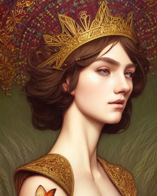 Image similar to symmetry portrait of welsh brunette princess with short hair, mans tunic, forest background, intricate, elegant, highly detailed, digital painting, artstation, concept art, smooth, sharp focus, illustration, art by artgerm and greg rutkowski and fra angelico and alphons mucha