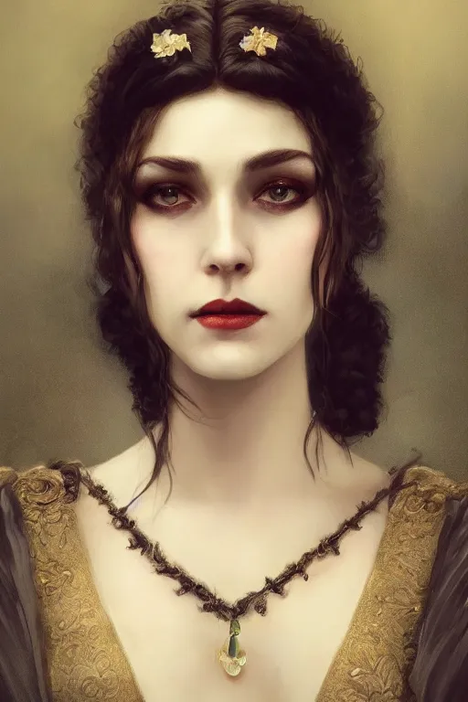 Image similar to a portrait of elegant beautiful dark bohemian vampire woman, bored, illustration, dramatic lighting, soft details, painting oil on canvas, art nouveau, octane render, HDR, 4k, 8k, HD, by Edmund Blair Leighton, Brom, Charlie Bowater, trending on artstation, faces by Tom Bagshaw, Sargent