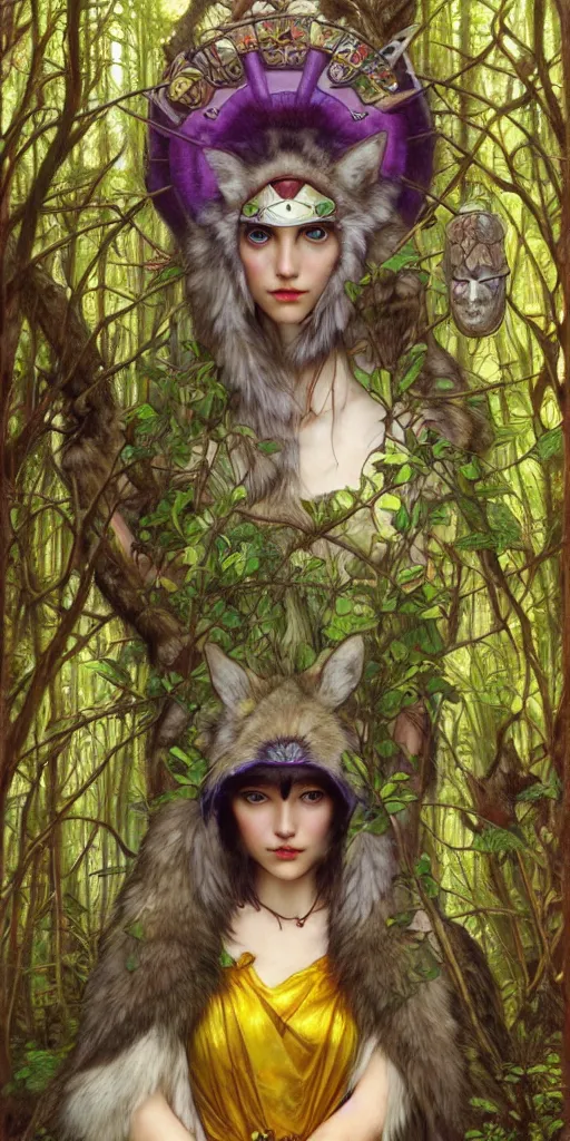 Prompt: hyper realistic Princess Mononoke in her mask, lush rainy forest landscape, wolves, magic, castle, jewels, style of tom bagshaw, mucha, james gurney, norman rockwell, gems and gold, waterfalls, denoised, sharp, yellow purple colours,