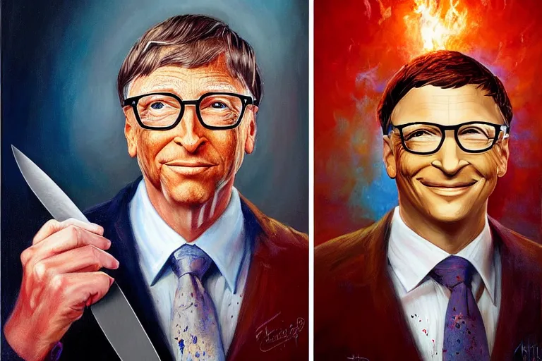 Prompt: portrait of bill gates with a knife as the zodiac killer bloodied, an oil painting by ross tran and thomas kincade