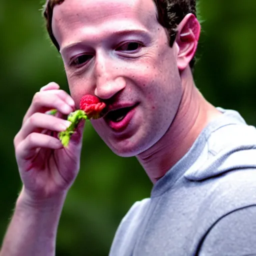 Prompt: photo of Mark Zuckerberg eating a raspberry