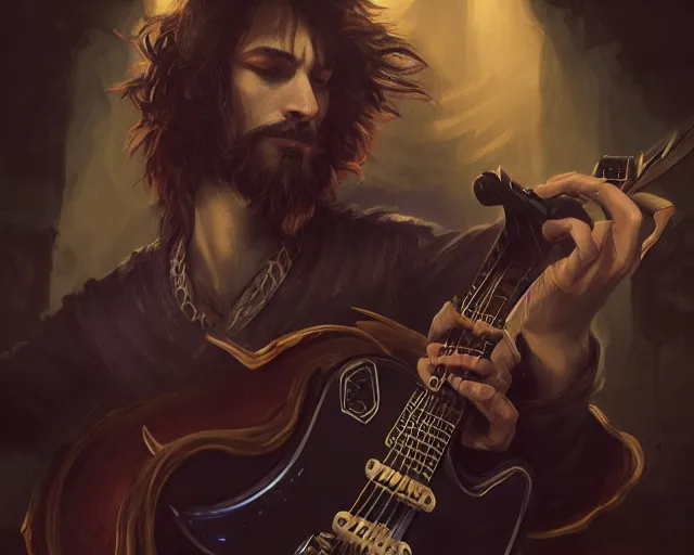 Prompt: photography of bard wearing a band shirt while playing a black electric guitar at a tavern concert, 8 k, deep focus, d & d, fantasy, intricate, elegant, highly detailed, digital painting, artstation, concept art, matte, sharp focus, illustration, hearthstone, art by artgerm and greg rutkowski and alphonse mucha