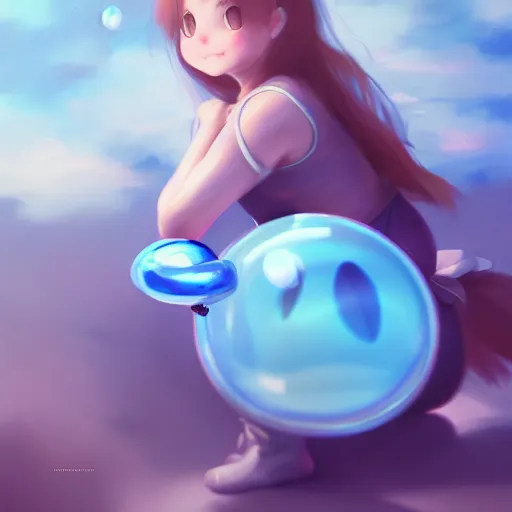 Image similar to cinematic portrait of cute Mew riding large blue bubble, oil on canvas, masterpiece, trending on artstation, featured on pixiv, cinematic composition, dramatic pose, beautiful lighting, sharp, details, hyper-detailed, HD, HDR, 4K, 8K