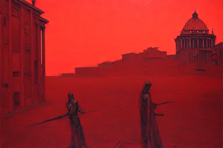 Image similar to only with red, caesar after war, a red tiger, in hoc signo vinces, rome in background, an ancient path, in the style of beksinski, part by hopper, part by rodcenko, part by hofbauer, intricate composition, red by caravaggio, insanely quality, highly detailed, masterpiece, red light, artstation