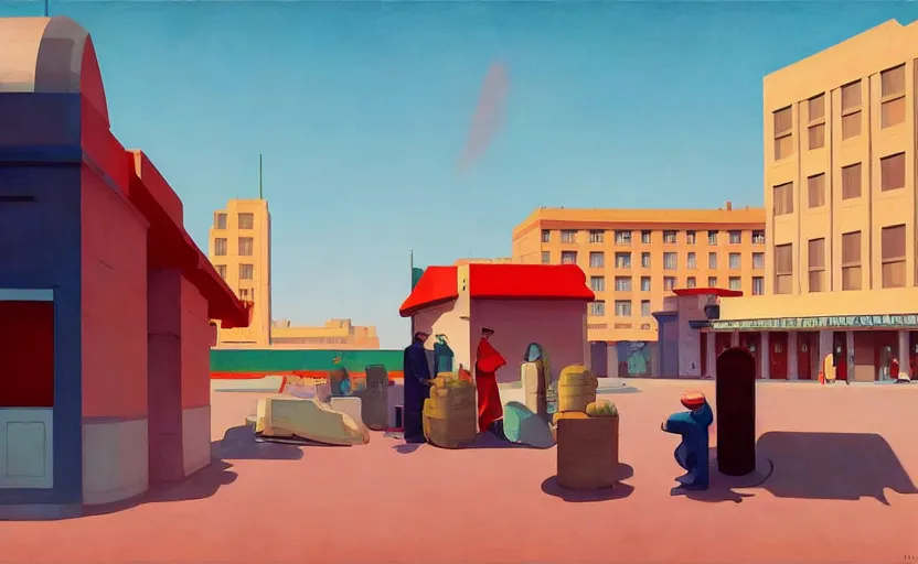 Prompt: Sowers and farmers in a Martian city built in 1930, very coherent, painted by Edward Hopper, painted by James Gilleard, airbrush, art by JamesJean