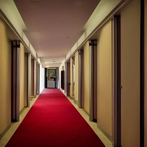 Prompt: an erie hotel corridor with red carpet, at the end of the corridor the light comes from a window, dust particles in the air