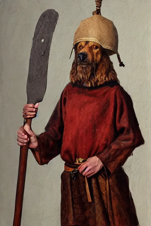 Image similar to Slavic dog head man, woolen torso in medieval clothes, Orthodox , oil painting, hyperrealism, beautiful, high resolution, trending on artstation, holding axe,