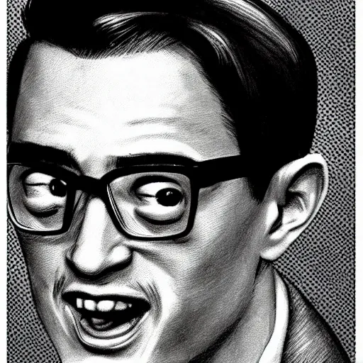 Prompt: A 1950s Style Comic-Like Drawing of Filthy Frank, grainy, realistic, hyperrealistic, very realistic, very very realistic, highly detailed, very detailed, extremely detailed, detailed, digital art, trending on artstation, detailed face, very detailed face, very detailed face, realism, HD Quality, 8k resolution, intricate details, body and head in frame, drawing, inked drawing, comic drawing, neat drawing, 1950s, 50s, in the style of Frank Hampson, in the style of Frank Bellamy, in the style of Dave Gibbons, in the style of Don Lawrence, in the style of Wally Wood