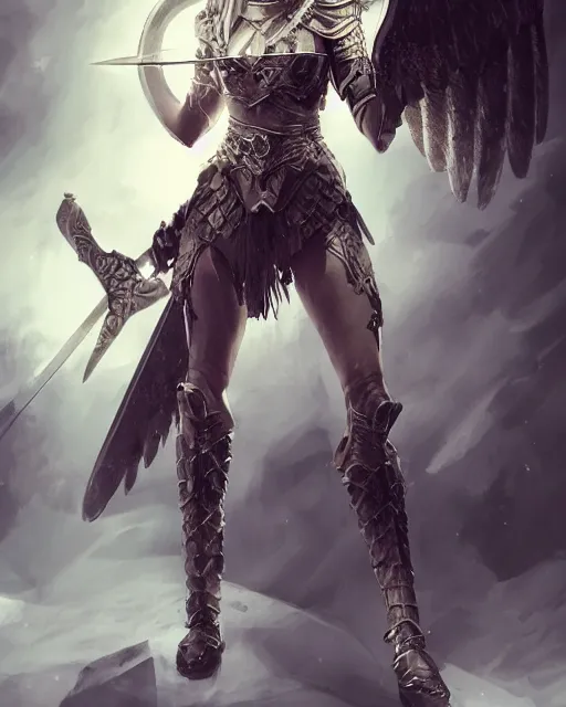 Prompt: a heroine valkyrie epic presentation posing with her sword, detailed armor with white scarf, muscular body, beautiful graceful opened wings, character design, gorgeous, epic, angelical, atmospheric lighting, cinematic composition, digital art, classicism style, ultra detailed, octane