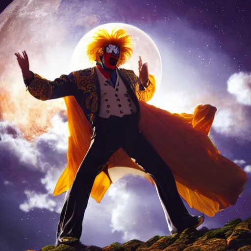 Image similar to the image of clownvis presley with outstretched arms between the moon and the sun and a thousand stars ultra realistic, concept art, intricate details, serious, highly detailed, photorealistic, octane render, 8 k, unreal engine, art by todd mcfarlane and artgerm and greg rutkowski and alphonse mucha