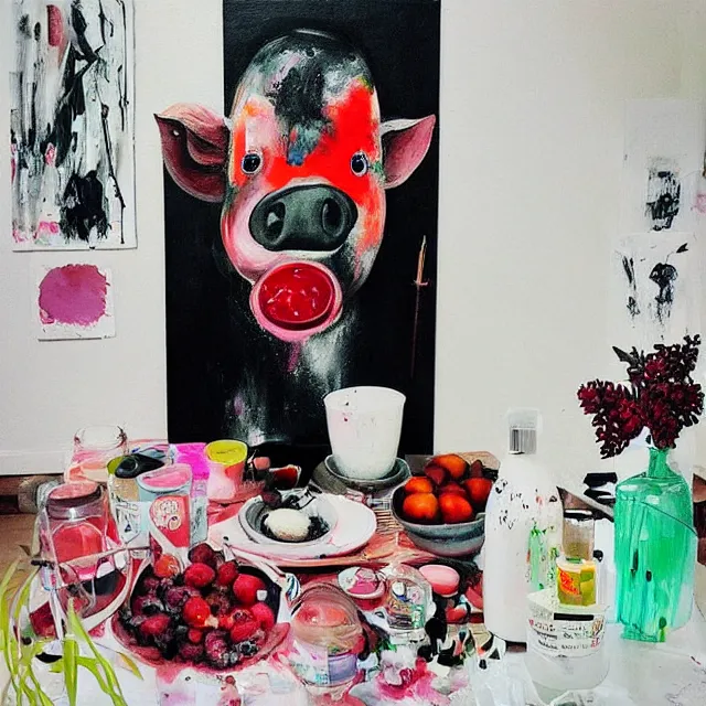 Image similar to “ a portrait in a female art student ’ s apartment, sensual, a pig theme, art supplies, paint tubes, ikebana, herbs, a candle dripping white wax, black walls, squashed berries, berry juice drips, acrylic and spray paint and oilstick on canvas, surrealism, neoexpressionism ”