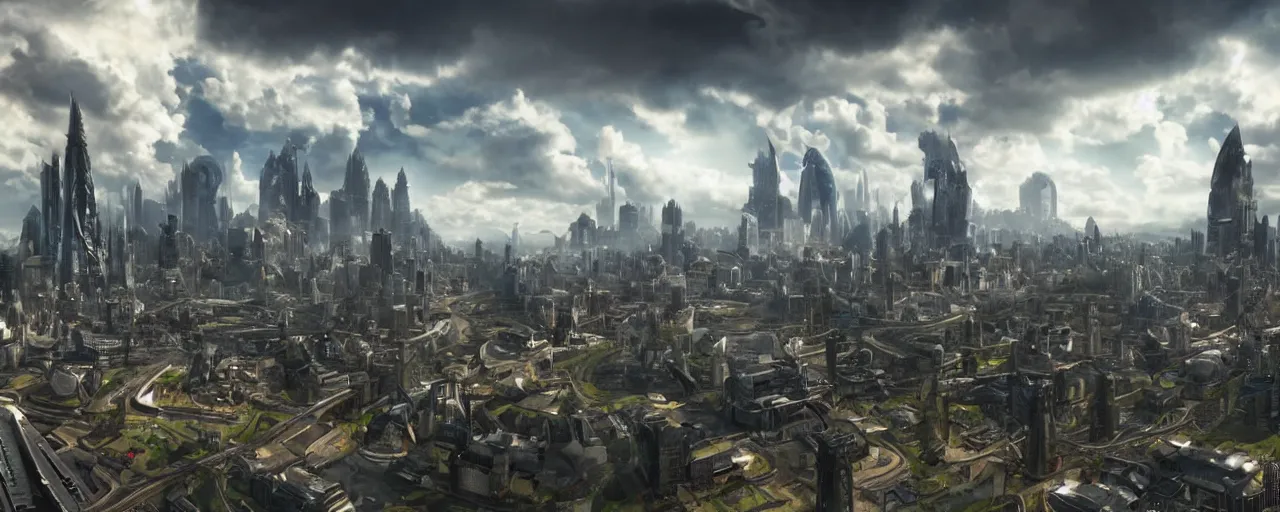 Image similar to majestic futuristic elf city, epic scale, dramatic buildings, dramatic clouds, cinematic sky, 8 k, unreal engine 5