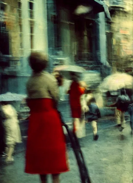 Prompt: blurry, street photography by saul leiter, quints, red, pale